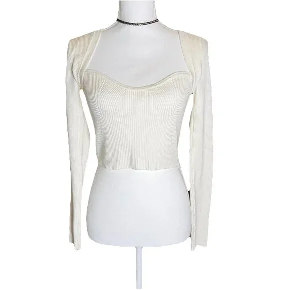 Nectar Clothing Cream Sweetheart Neckline Long Sleeve Ribbed Crop Top Size Small - Picture 6 of 6